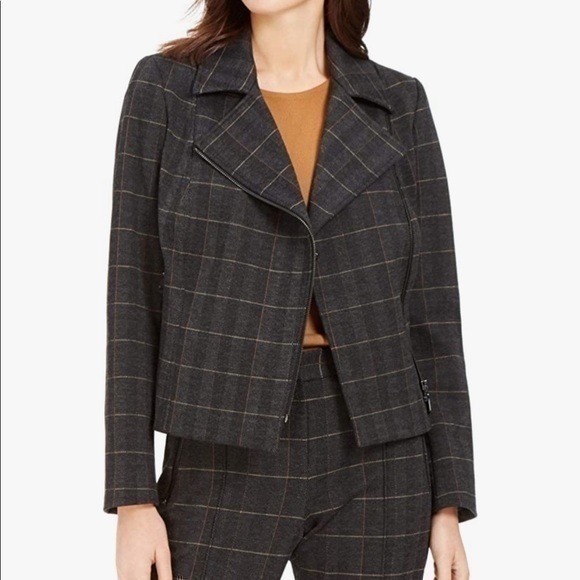 Tahari Jackets & Blazers - TAHARI Womens Black Pocketed Zippered Plaid Motorcycle Jacket Size 10
